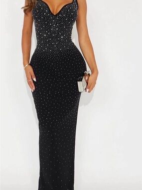 Fashion Nova Black Crystal-Studded Maxi Gown